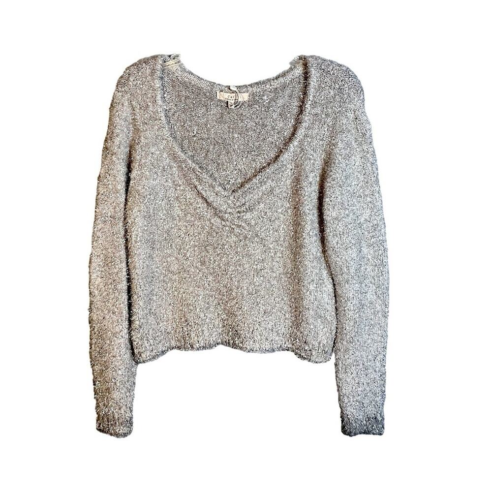 CHELSEA & VIOLET Silver Metallic Crop Party Sweater Plunge V Neck SZ XL NWT